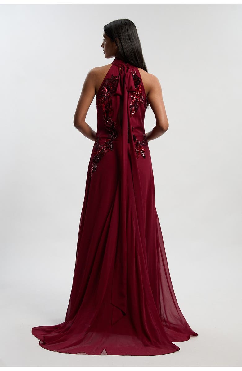 Karen Millen Petite Feather Halter Maxi Dress, Alternate, color, Wine