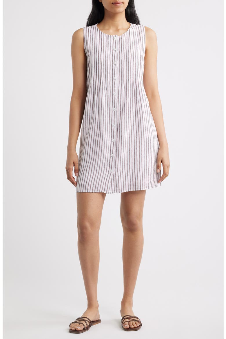 Pintuck Button Front Dress, Main, color, COCOA BROWN STRIPE