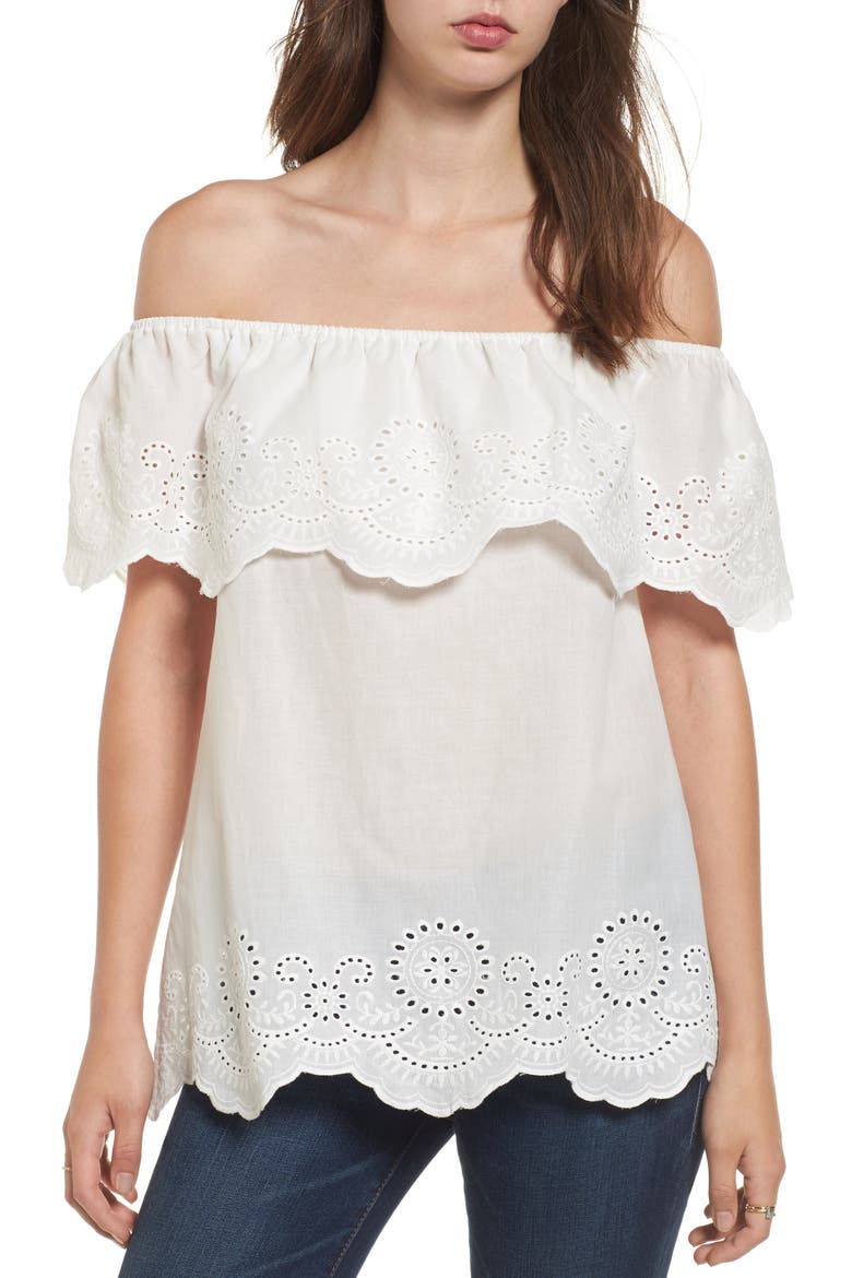 Eyelet Ruffle Off the Shoulder Top, Main, color, WHITE