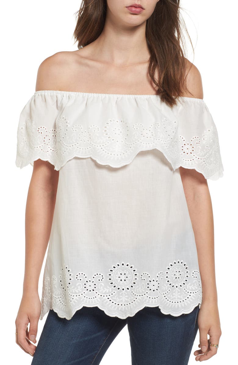 BP. Eyelet Ruffle Off the Shoulder Top, Main, color, 