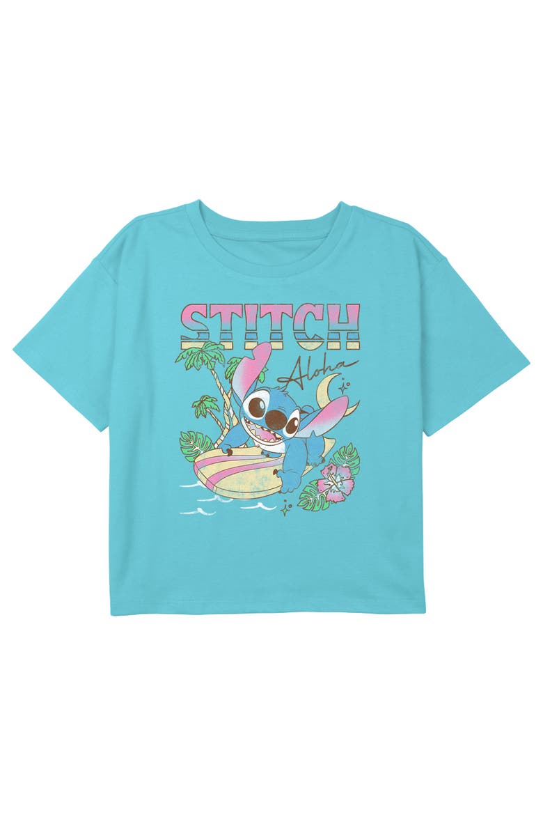 Girls' Surfing Aloha Stitch Graphic Cropped T-Shirt, Main, color, Blue