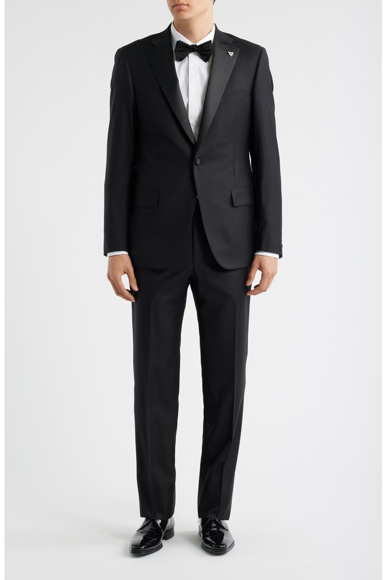 Regular Fit Notched Lapel Black Wool Tuxedo, Main, color, BLACK