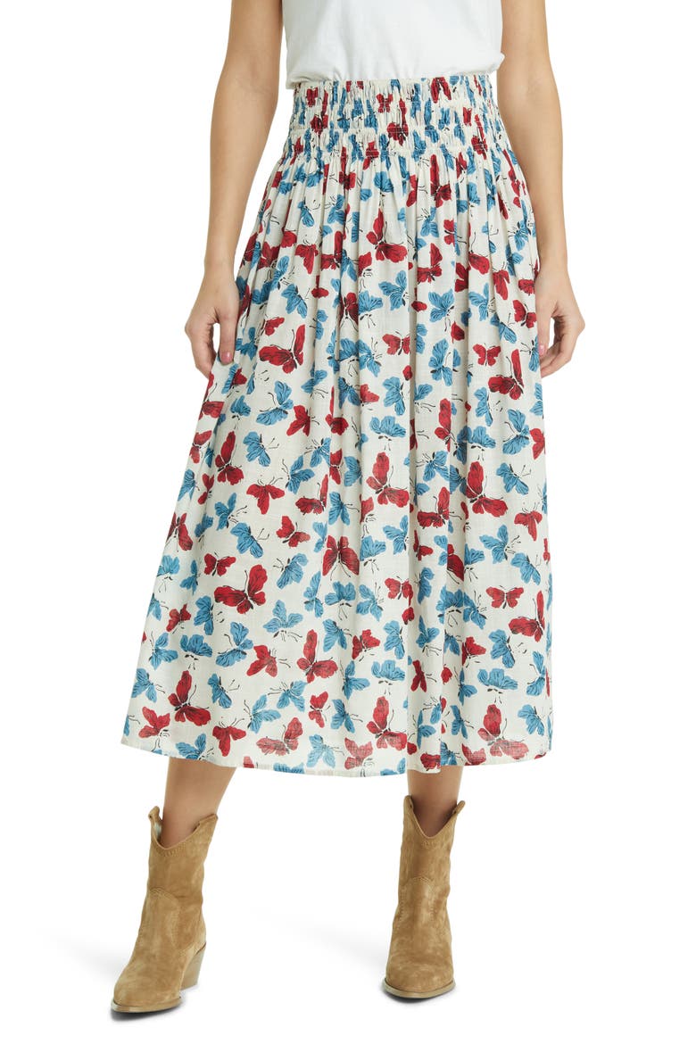 The Viola Butterfly Smocked Waist Cotton Midi Skirt, Main, color, BUTTERFLY FLORAL