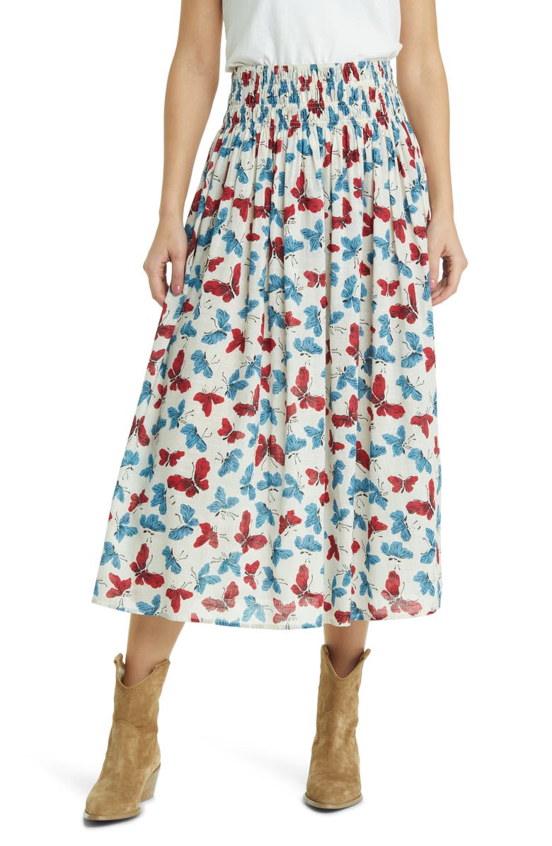 THE GREAT. The Viola Butterfly Smocked Waist Cotton Midi Skirt, Main, color,