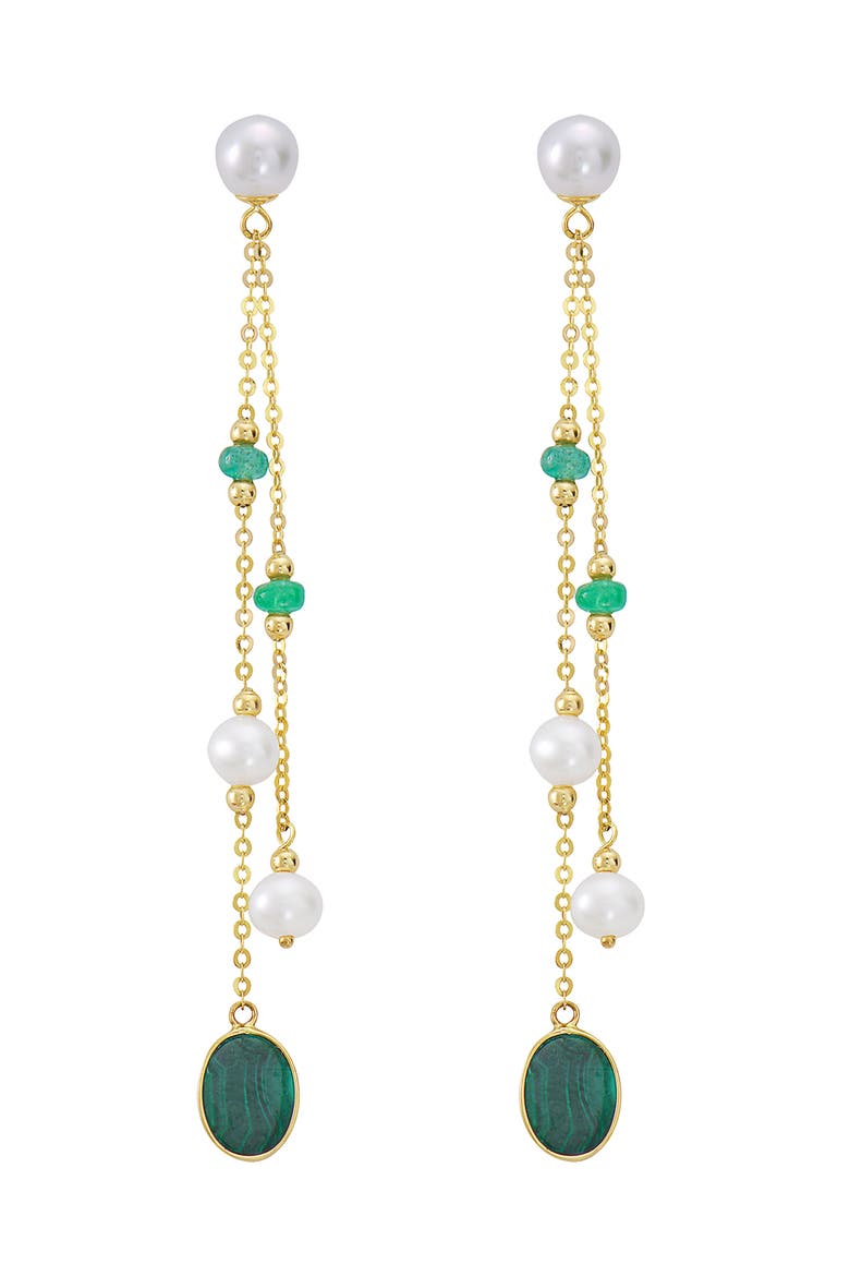14K Yellow Gold ,Emerald,Fresh Water Pearl,Malachite Earrings, Main, color, Hematite and FW Blush Pearl
