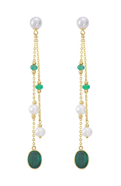 14K Yellow Gold ,Emerald,Fresh Water Pearl,Malachite Earrings
