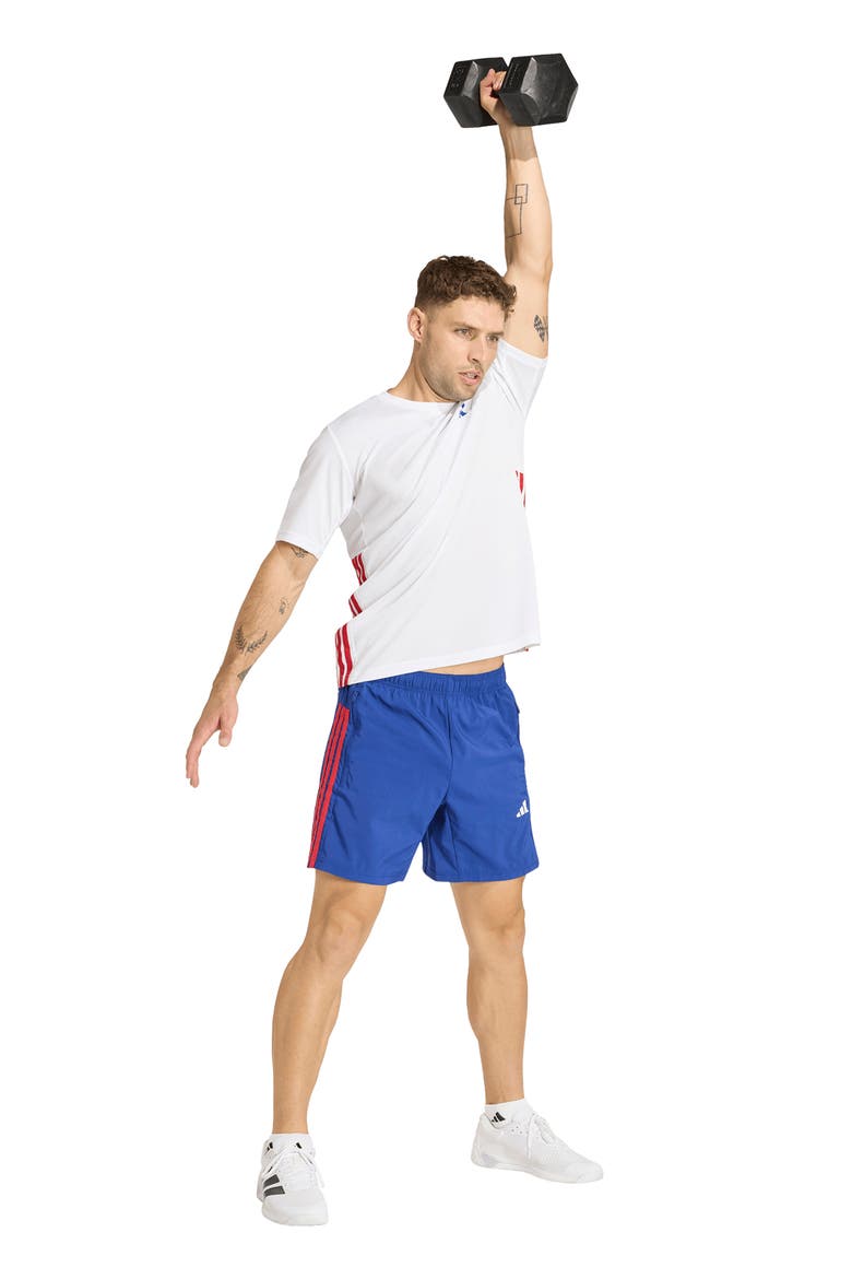 Workout Essentials Base 3-Stripes Shorts, Alternate, color, MYSTERY INK/ BETTER SCARLET