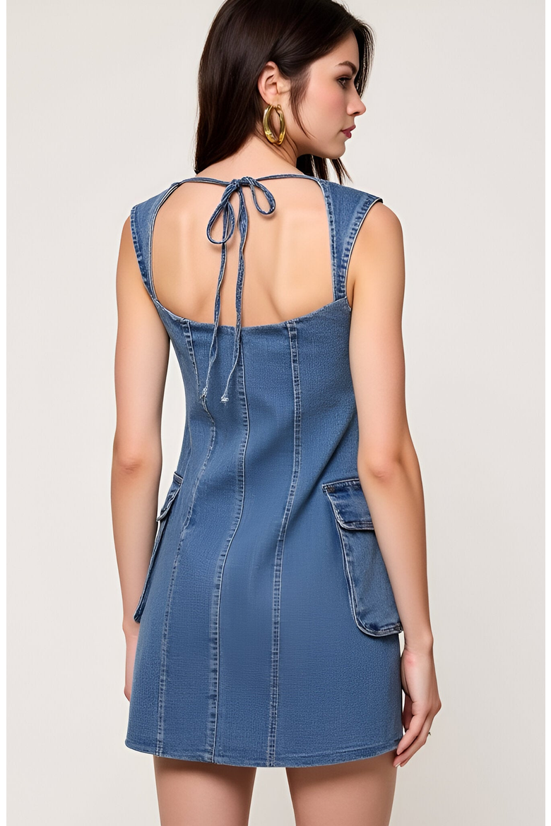 Square Neck Denim Mini Dress with Flap Patch Pockets, Alternate, color, Denim Blue