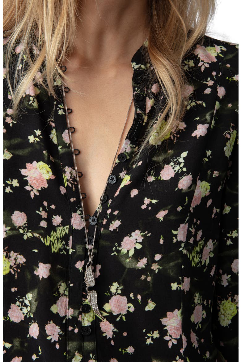 Twina Rose Print Button-Up Shirt, Alternate, color, NOIR