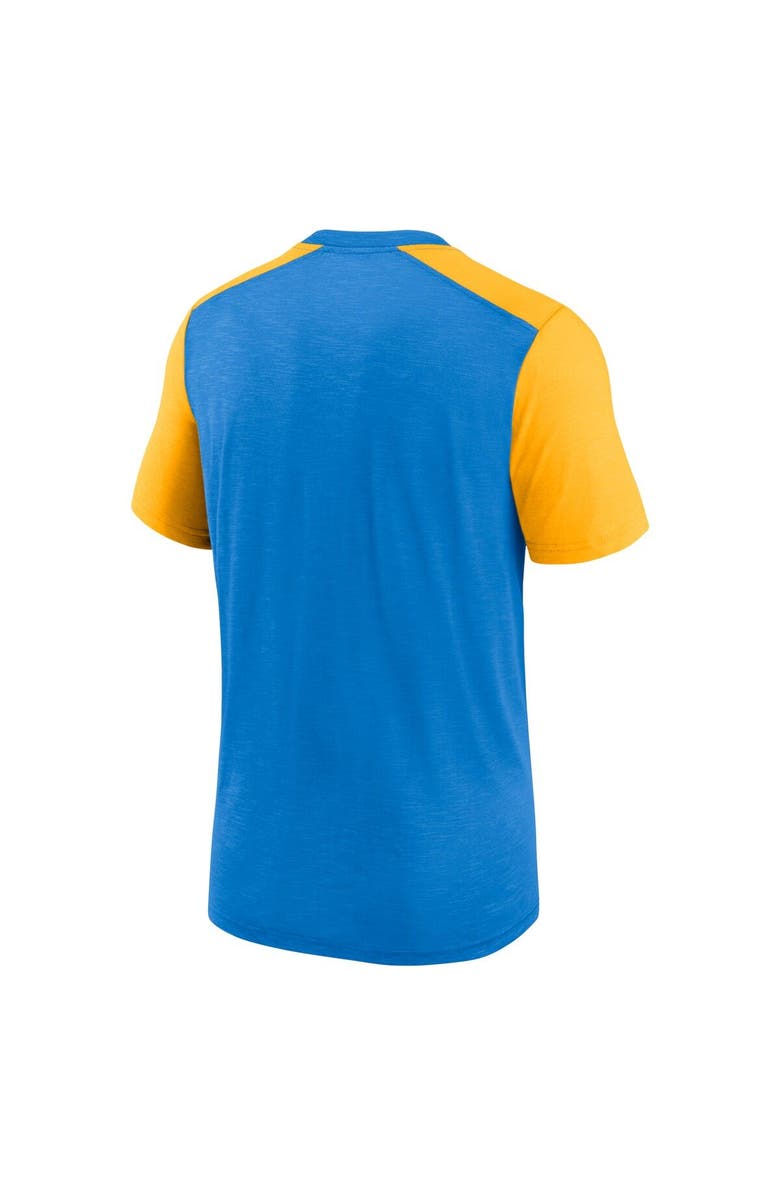 Nike Men's Nike Heathered Powder Blue/Heathered Gold Los Angeles Chargers Color Block Team Name T-Shirt, Alternate, color, Powder Blue