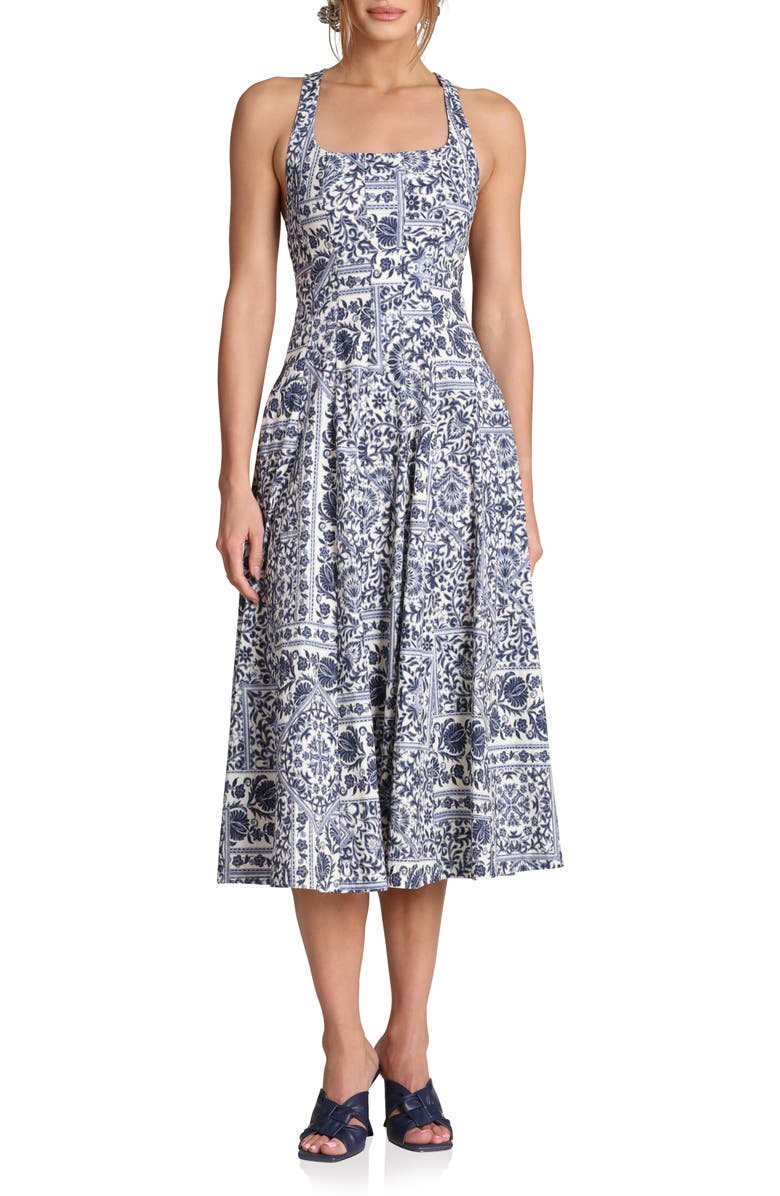 Avec Les Filles Tile Print Sleeveless Dress, Main, color, Navy Lisbon Tile