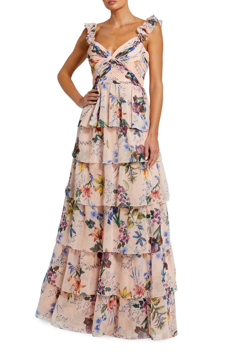 Mac Duggal Women's Ruffle Sleeveless Chiffon Tiered Floral Print Gown, Main, color, Pink Multi