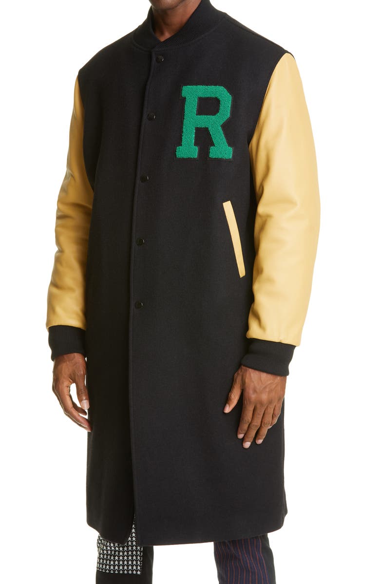 Raf Simons Leather Sleeve Long Wool Bomber Jacket, Alternate, color, 