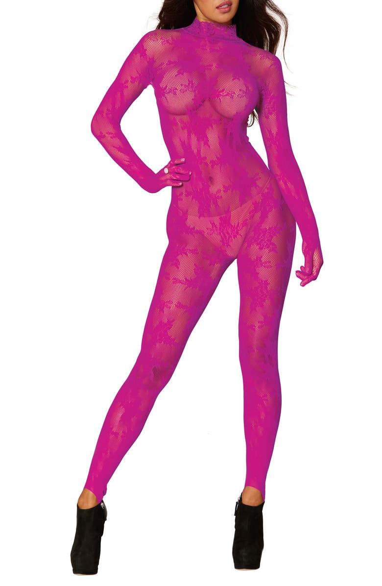 Dreamgirl Fishnet Glove Body Stocking, Main, color, Azalea