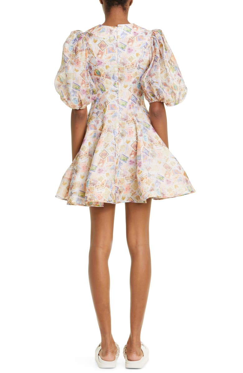 Zimmermann High Tide Lace-Up Puff Sleeve Linen & Silk Babydoll Minidress, Alternate, color, Stamp Print