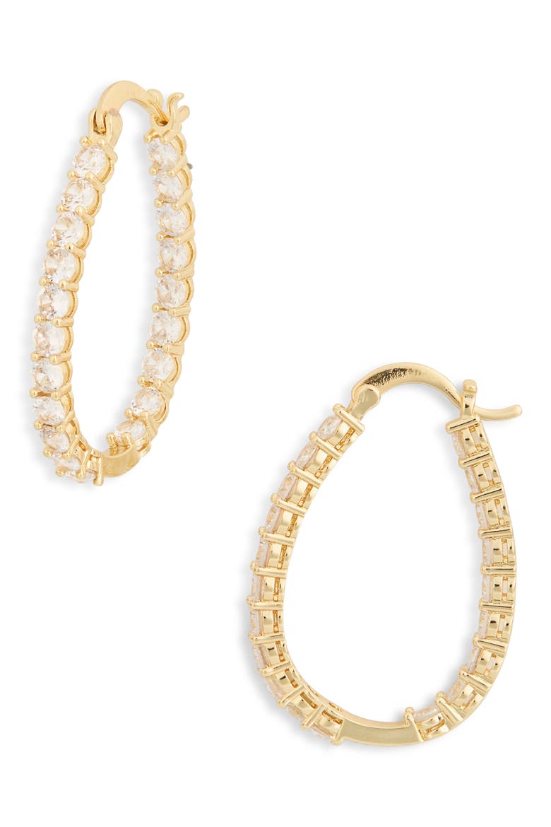 Cubic Zirconia Inside Out Oval Hoop Earrings, Main, color, CLEAR- GOLD