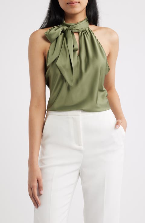 Tie Neck Sleeveless Satin Top (Regular & Petite)