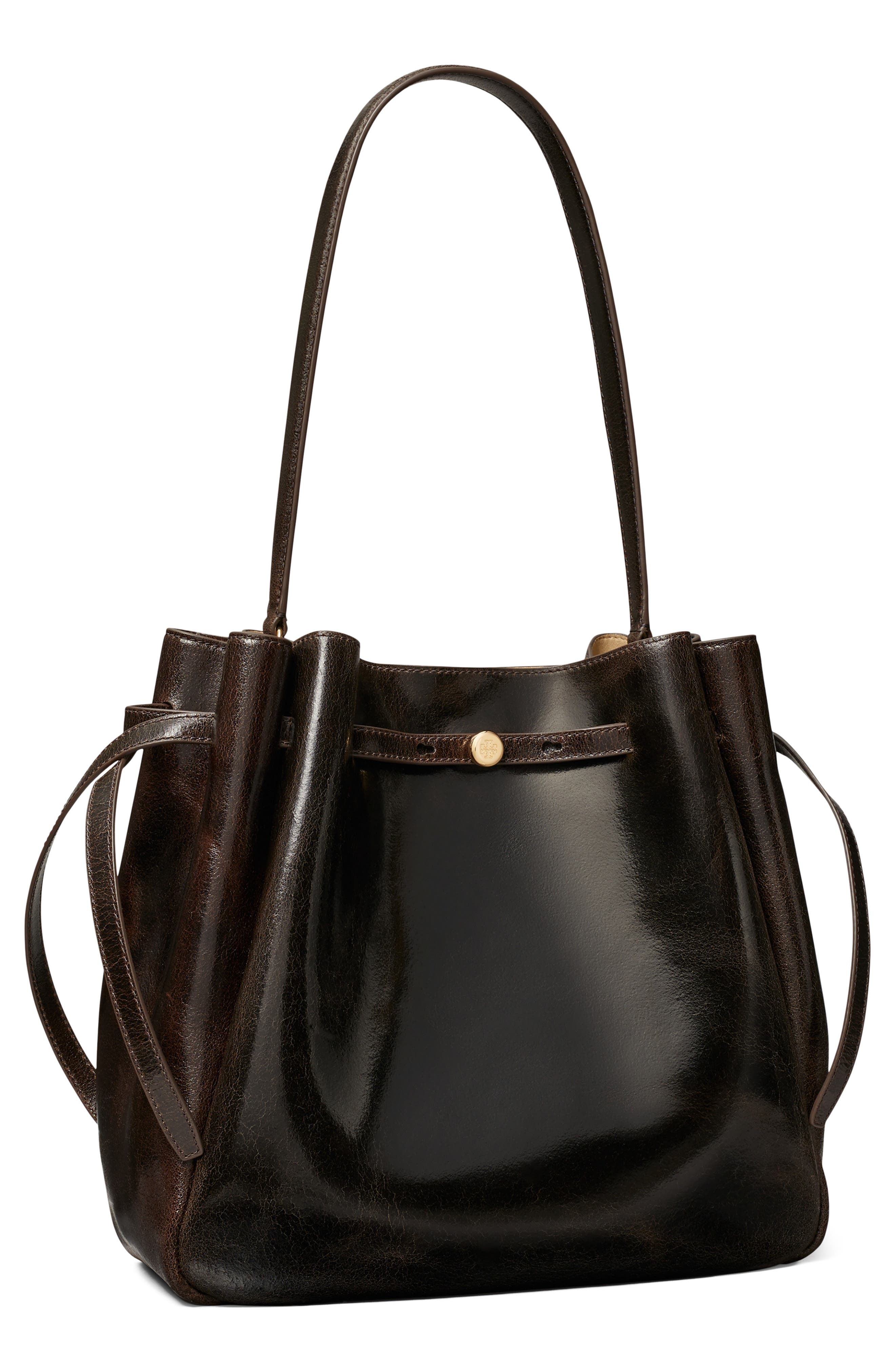 Romy Distressed Large Leather Bucket Bag, Alternate, color, DARK BROWN