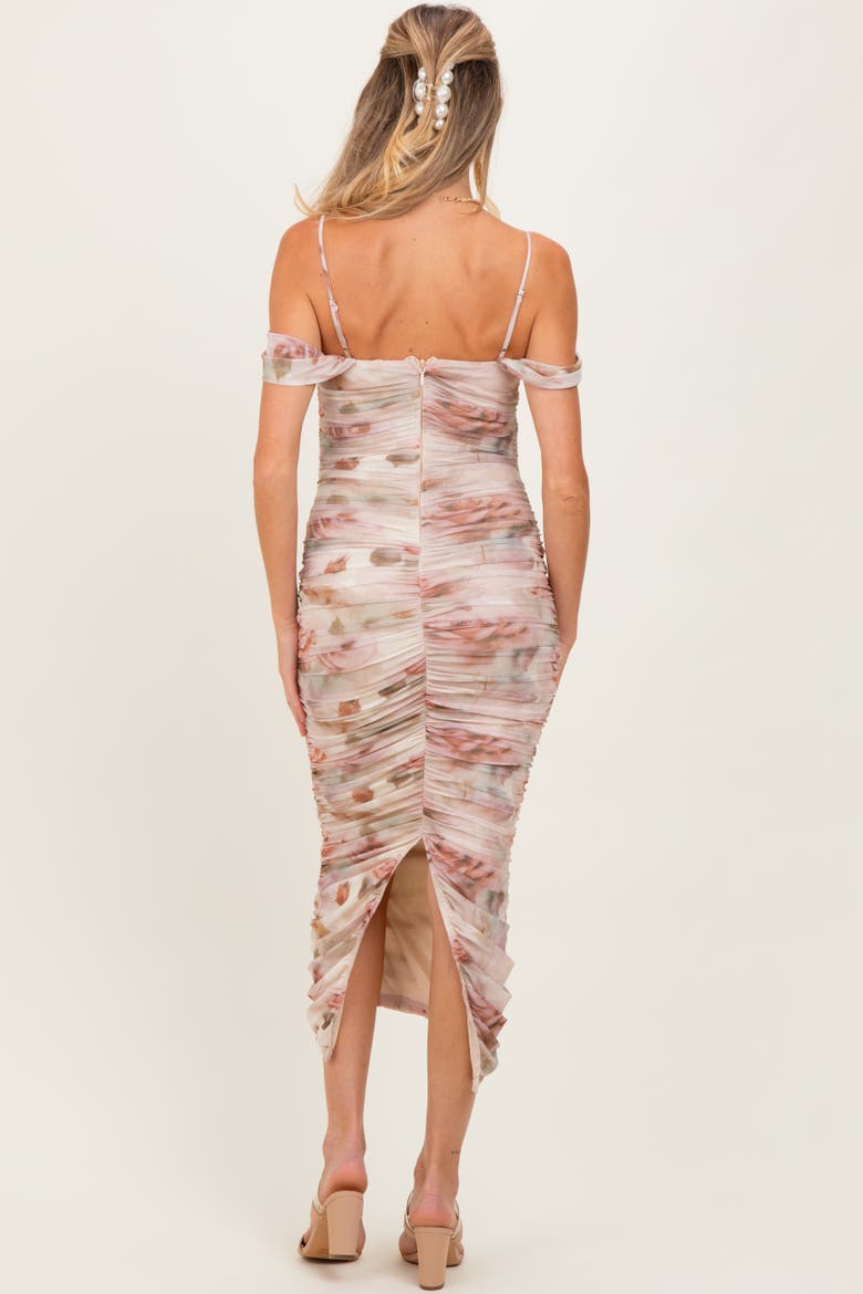 Rose Floral Mesh Ruched Off Shoulder Midi Dress, Alternate, color, Cream