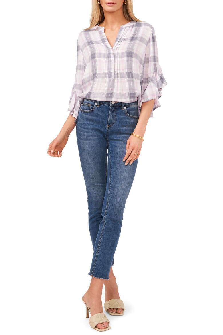 Pintuck Detail Plaid Flutter Sleeve Rumple Blouse, Alternate, color, PURPLE