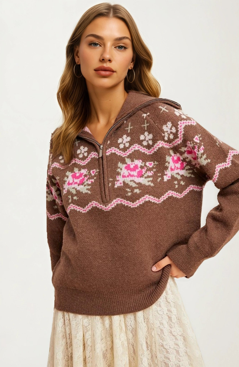 Knit and Lounge Half-Zip Floral Fair Isle Sweater, Alternate, color, Brown Floral