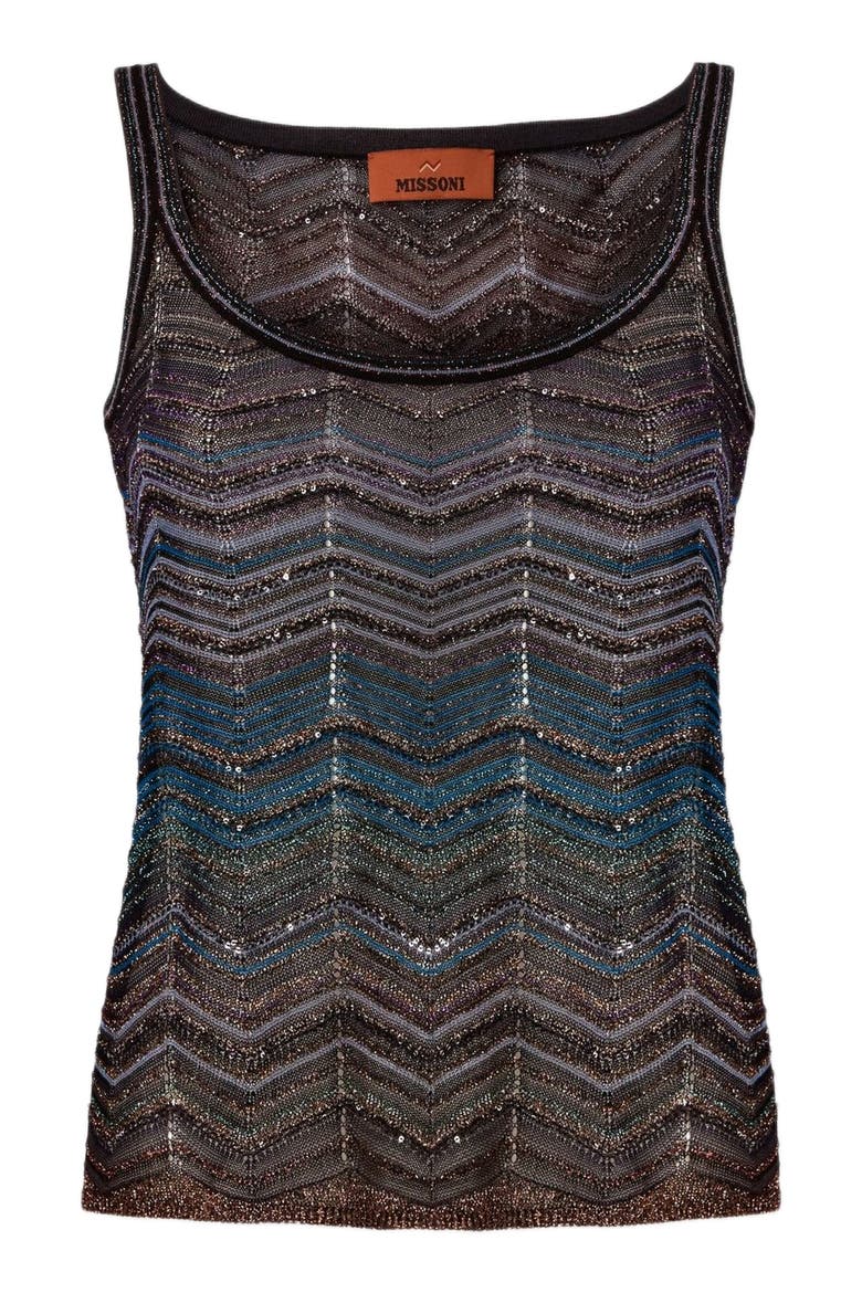 Sleeveless Crew-neck Top In Viscose Chevron Lamé With Sequins, Alternate, color, Dark Blue