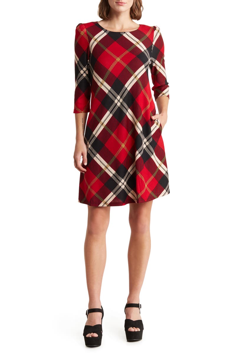 Jessica Howard Plaid Three-Quarter Sleeve Trapeze Dress, Main, color, 