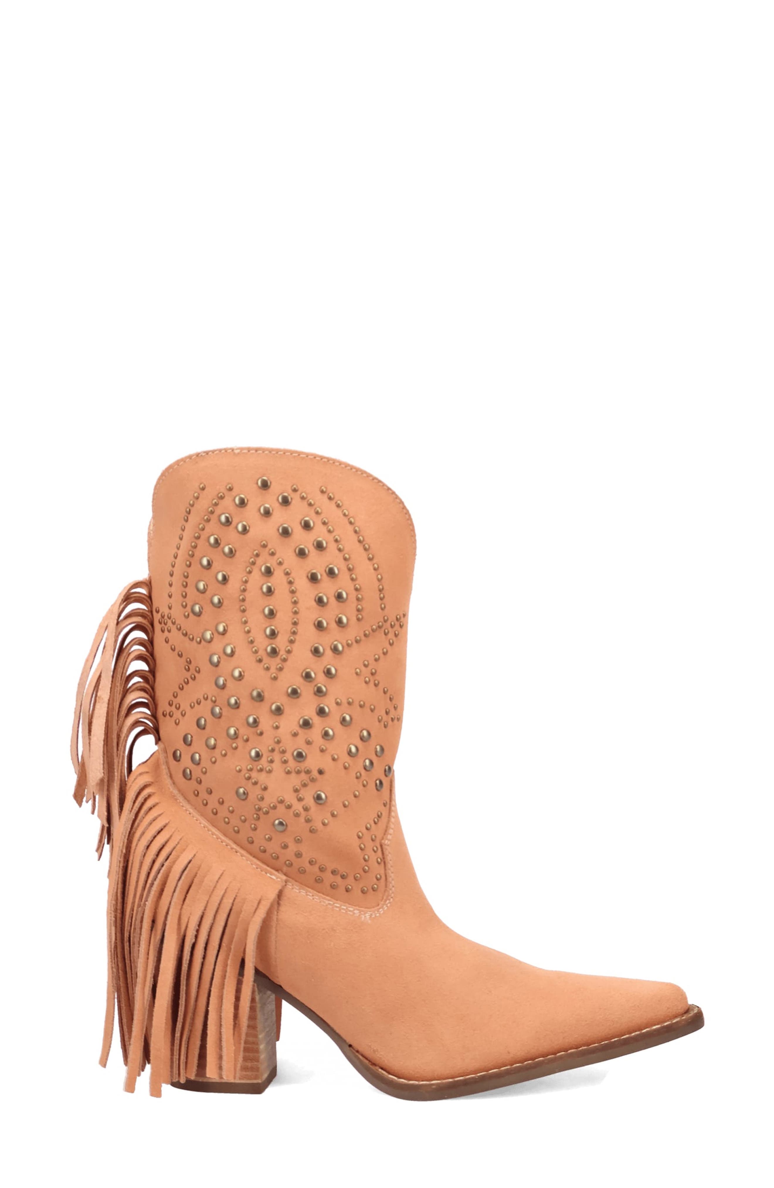 Star Power Fringe & Stud Western Boot, Alternate, color, PEACH