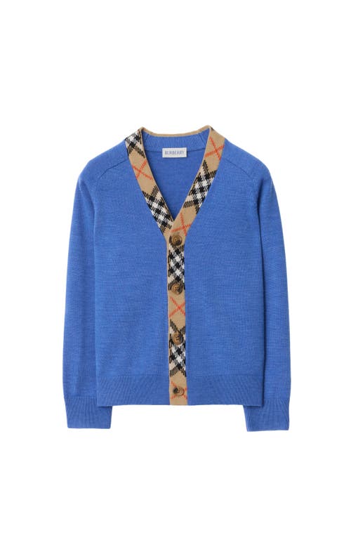 Burberry Check Trim Wool Cardigan In Blue
