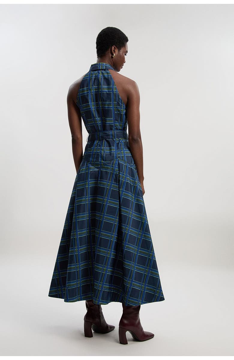 Karen Millen Check Taffeta Belted Maxi Shirt Dress, Alternate, color, Navy