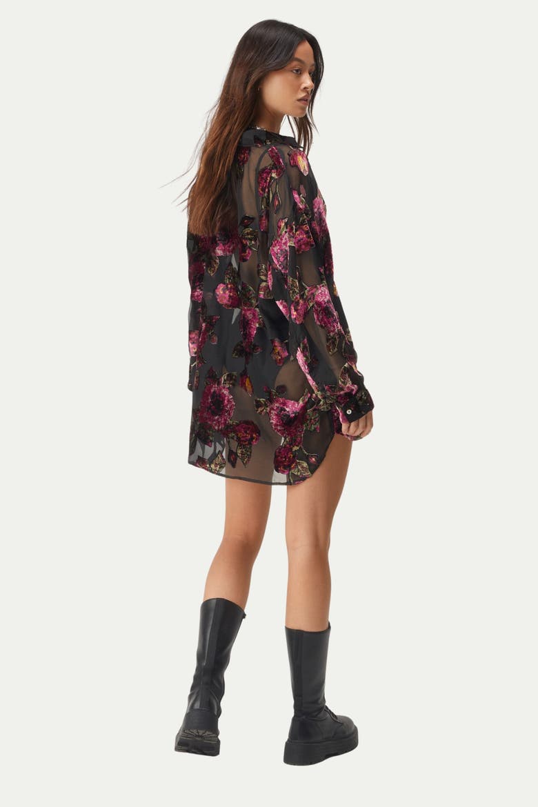 Devore Oversized Sheer Floral Shirt, Alternate, color, Black