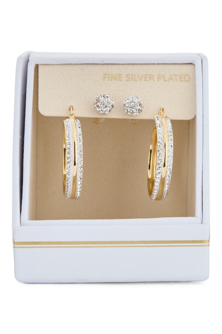 Set of 2 Cubic Zirconia Ball & Huggie Hoop Earrings, Main, color, CLEAR- GOLD