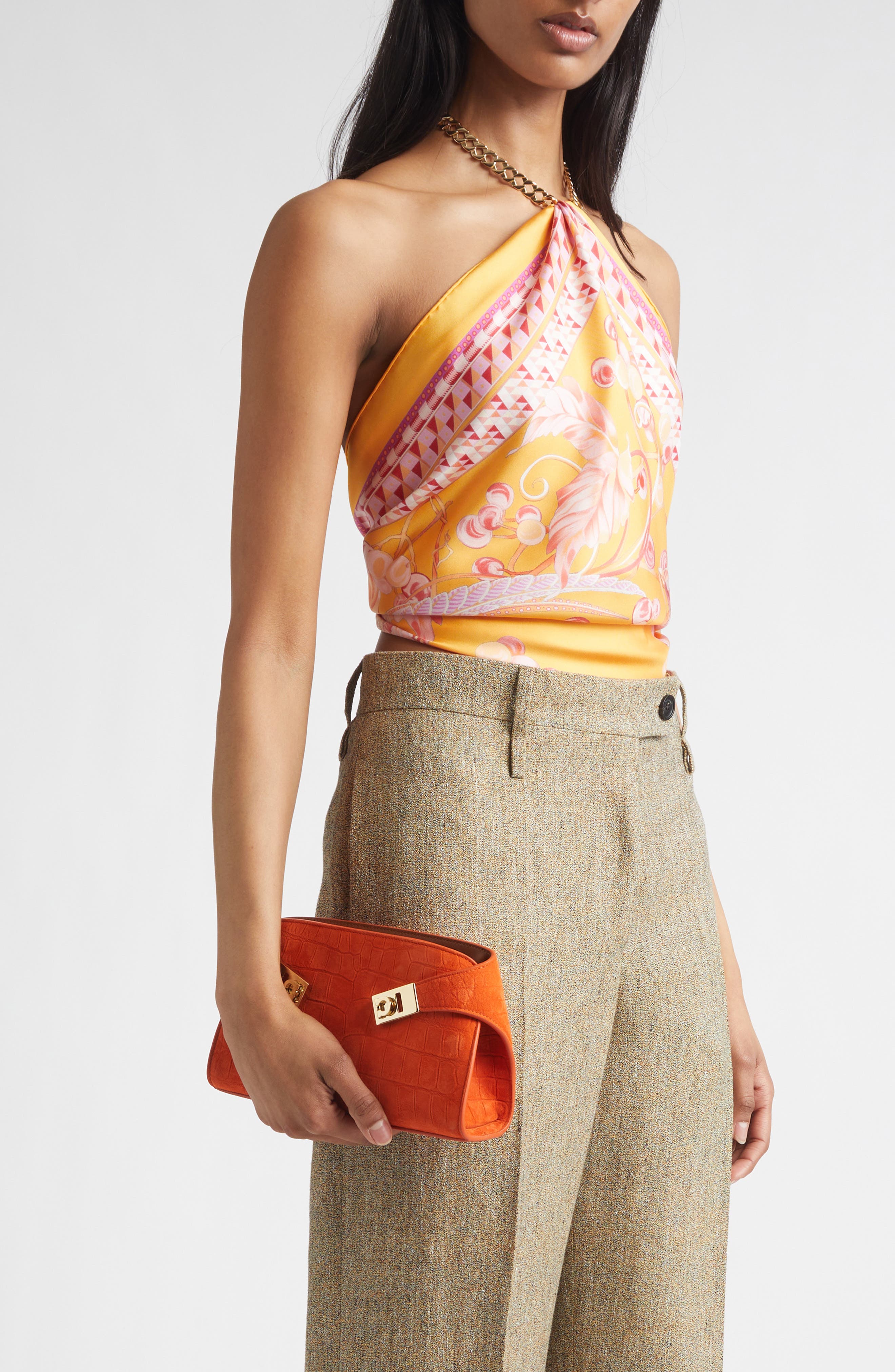 FERRAGAMO Hug Croc Embossed Suede East/West Shoulder Bag, Alternate, color, Light Siena Naturale Rst