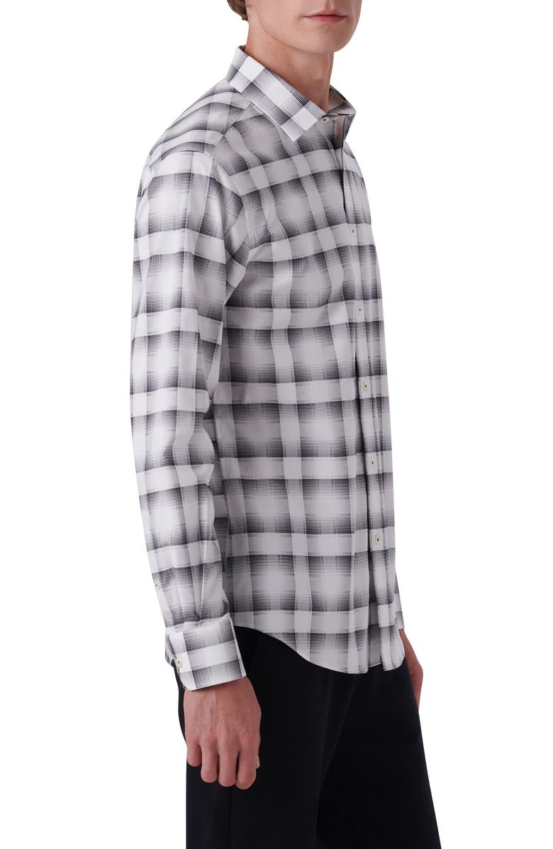 Bugatchi Shaped Fit Plaid Stretch Cotton Button-Up Shirt, Alternate, color, White