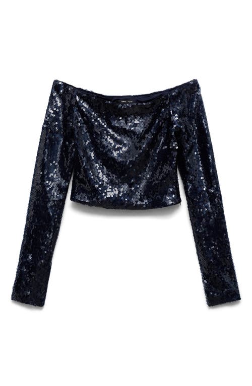 Shop Mango Off The Shoulder Sequin Crop Shirt In Blue