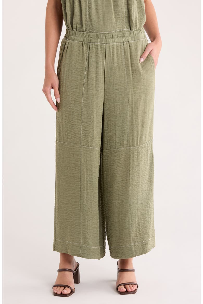 Crinkle Top Stitch Pants, Main, color, OIL GREEN/IVORY
