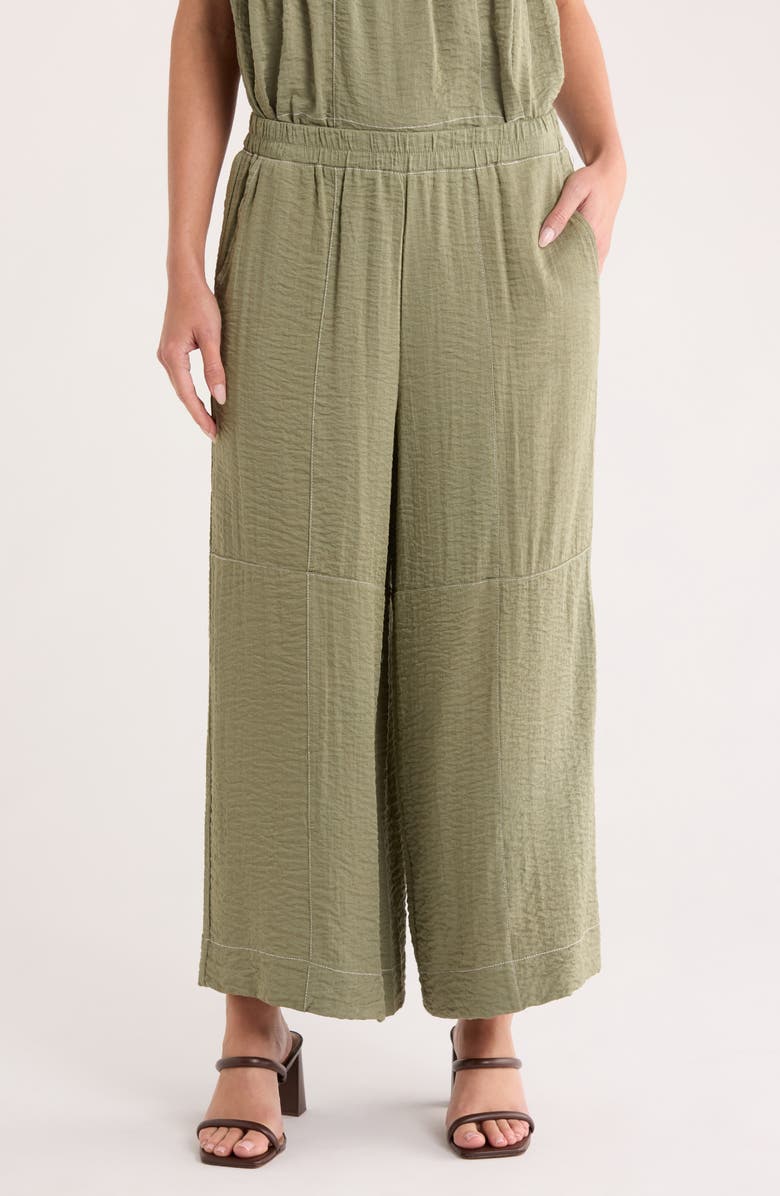 Adrianna Papell Crinkle Top Stitch Pants, Main, color, Oil Green/ Ivory