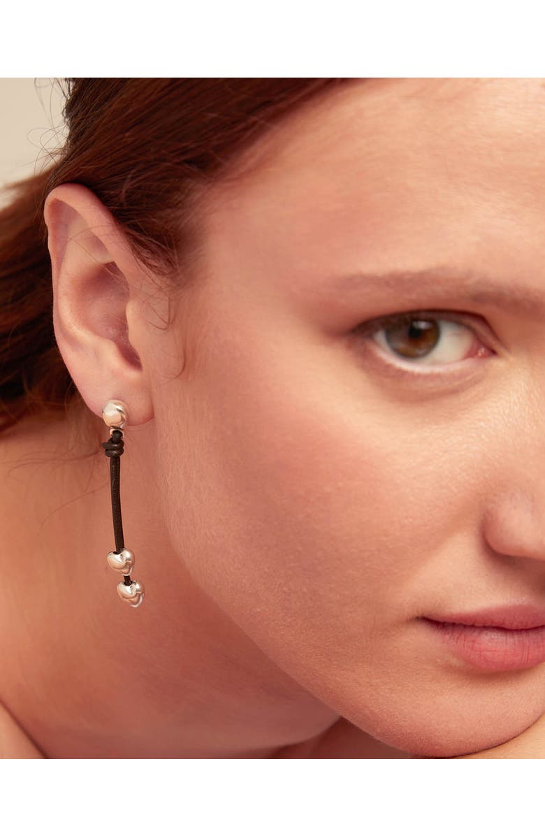UNODE50 Leather Drop Earrings With Two Small Hearts, Alternate, color, Silver
