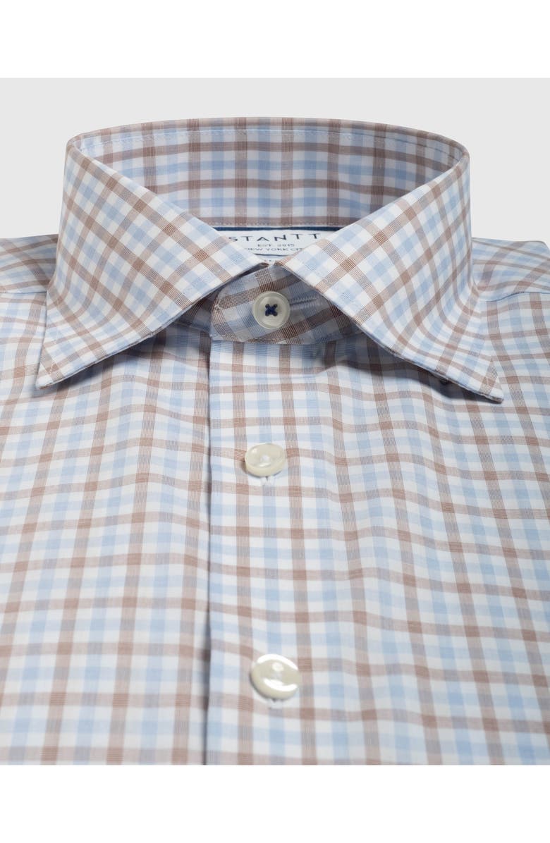 Stantt Contemporary Fit Gingham Wrinkle Resistant Cotton Dress Shirt, Alternate, color, Blue/ White/ Brown