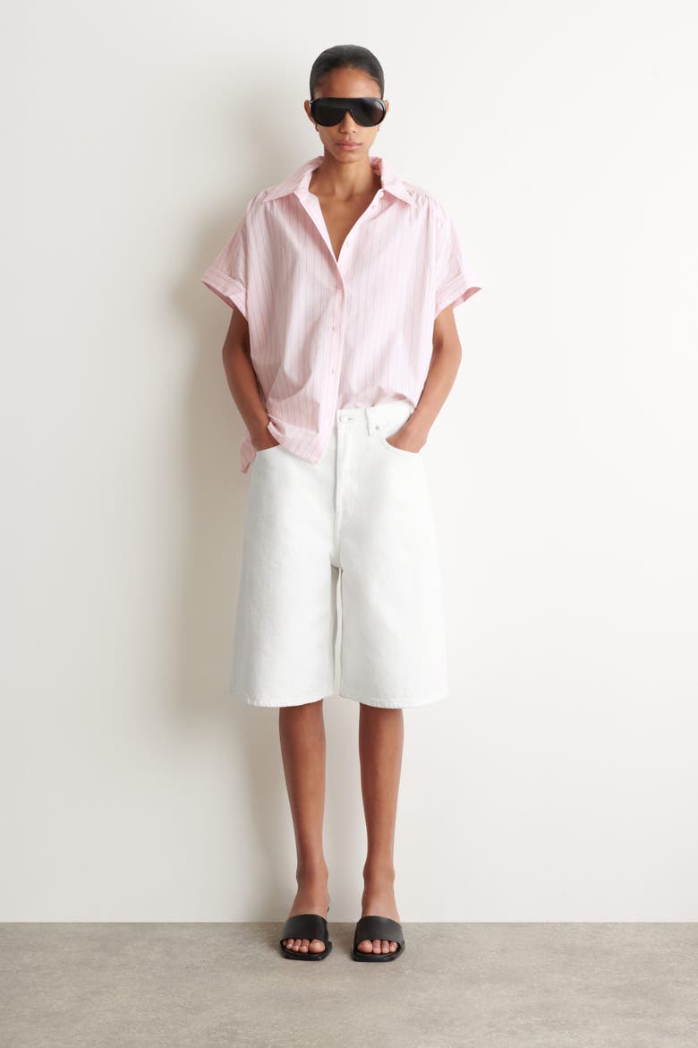 Striped Short-sleeved Cotton Shirt, Alternate, color, PINK / STRIPED
