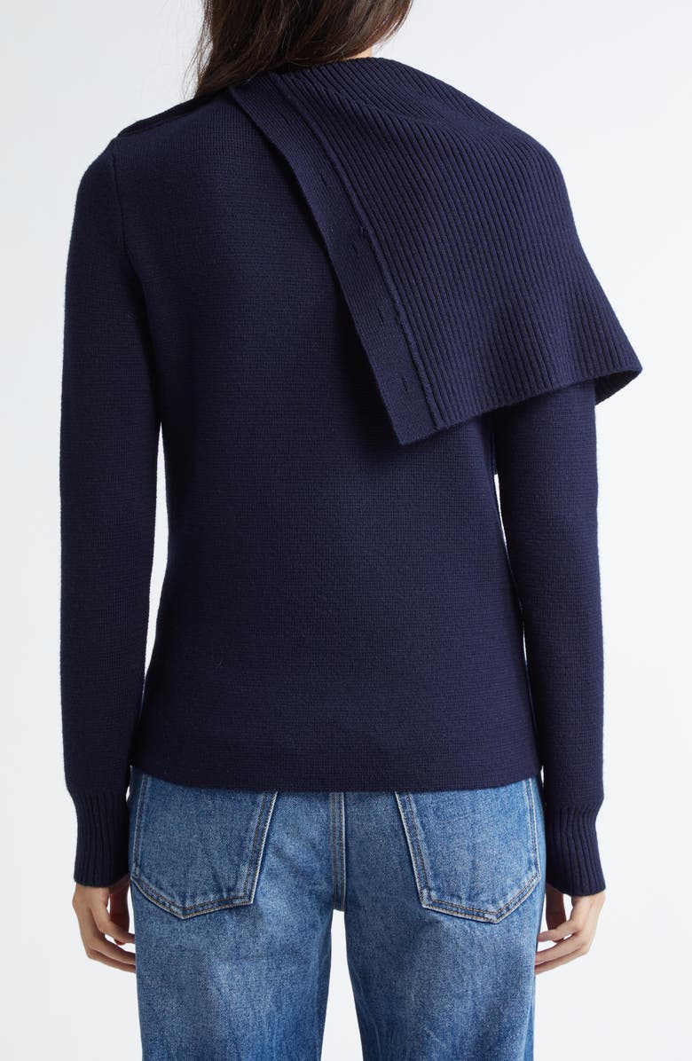Rabanne Drape Shoulder Merino Wool Sweater, Alternate, color, Navy