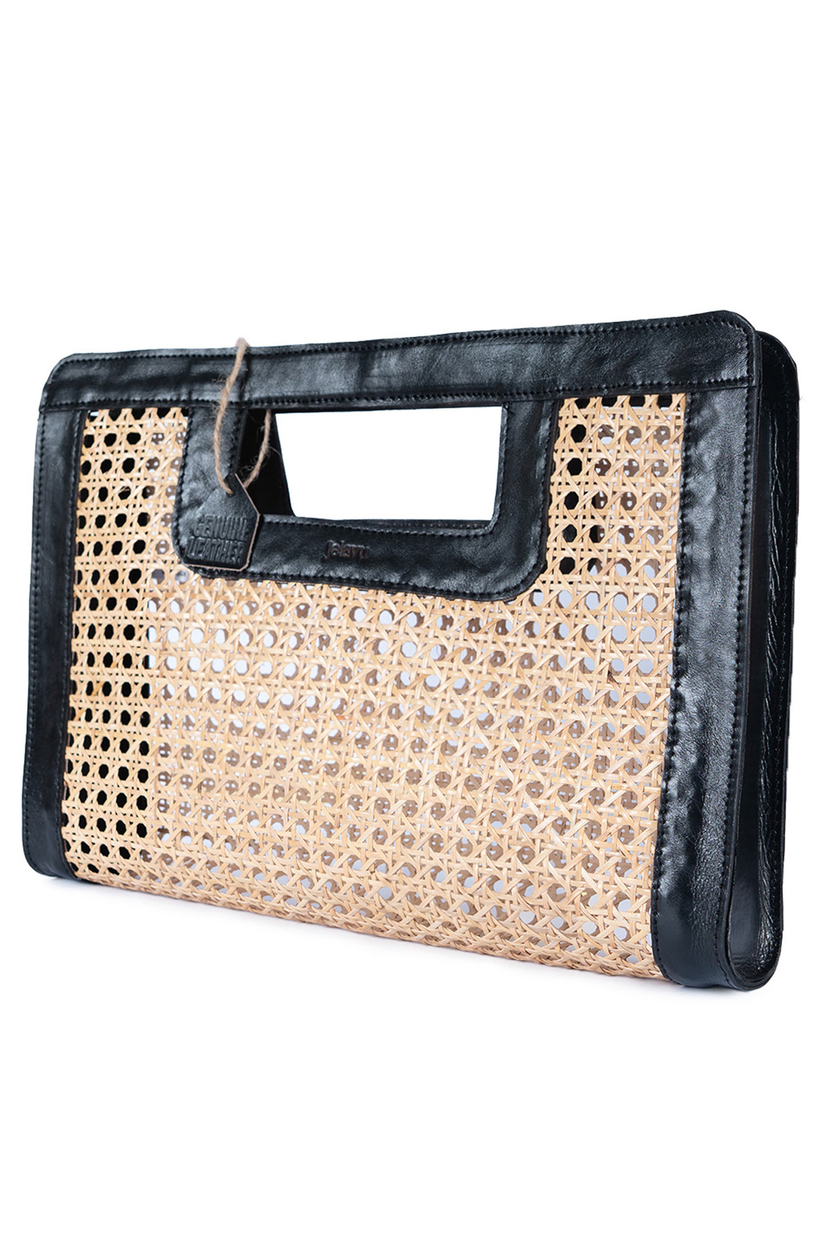 Jelavu Delmar Rattan & Leather Frame Clutch, Alternate, color, Black