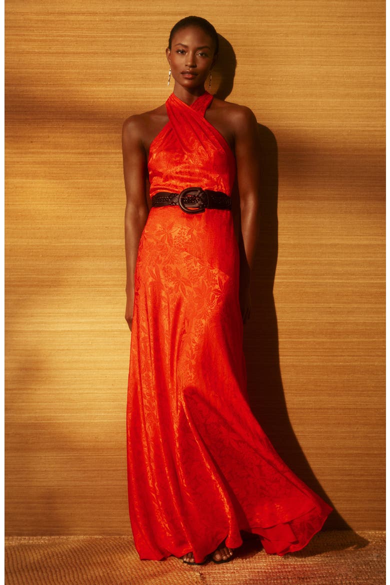 Floral Jacquard Belted Gown, Alternate, color, BRIGHT VERMILION