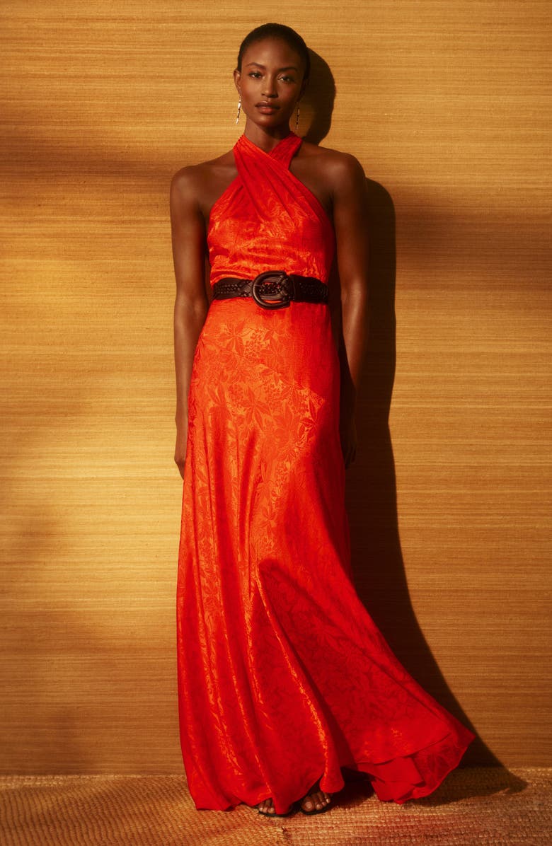 Lauren Ralph Lauren Floral Jacquard Belted Gown, Alternate, color, Bright Vermilion