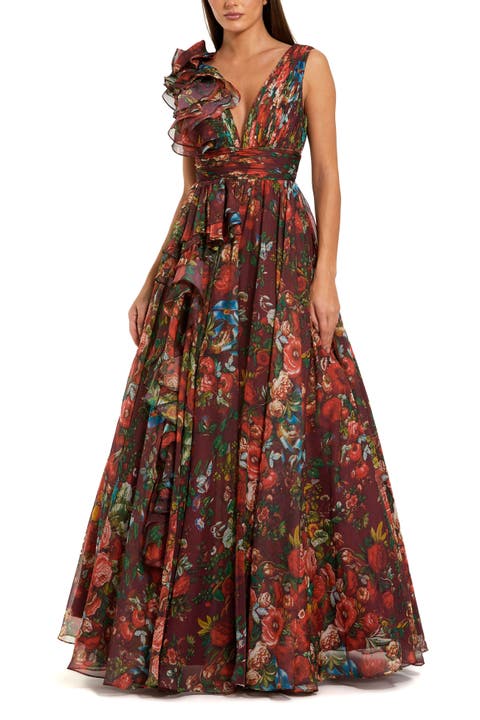 Ruffle Shoulder V-Neck Printed Chiffon Gown