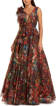 Mac Duggal Ruffle Shoulder V-Neck Printed Chiffon Gown