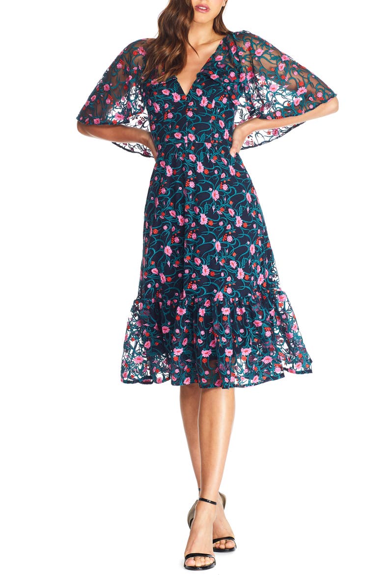 Virginia Cape Sleeve Embroidered Dress, Main, color, NAVY MULTI
