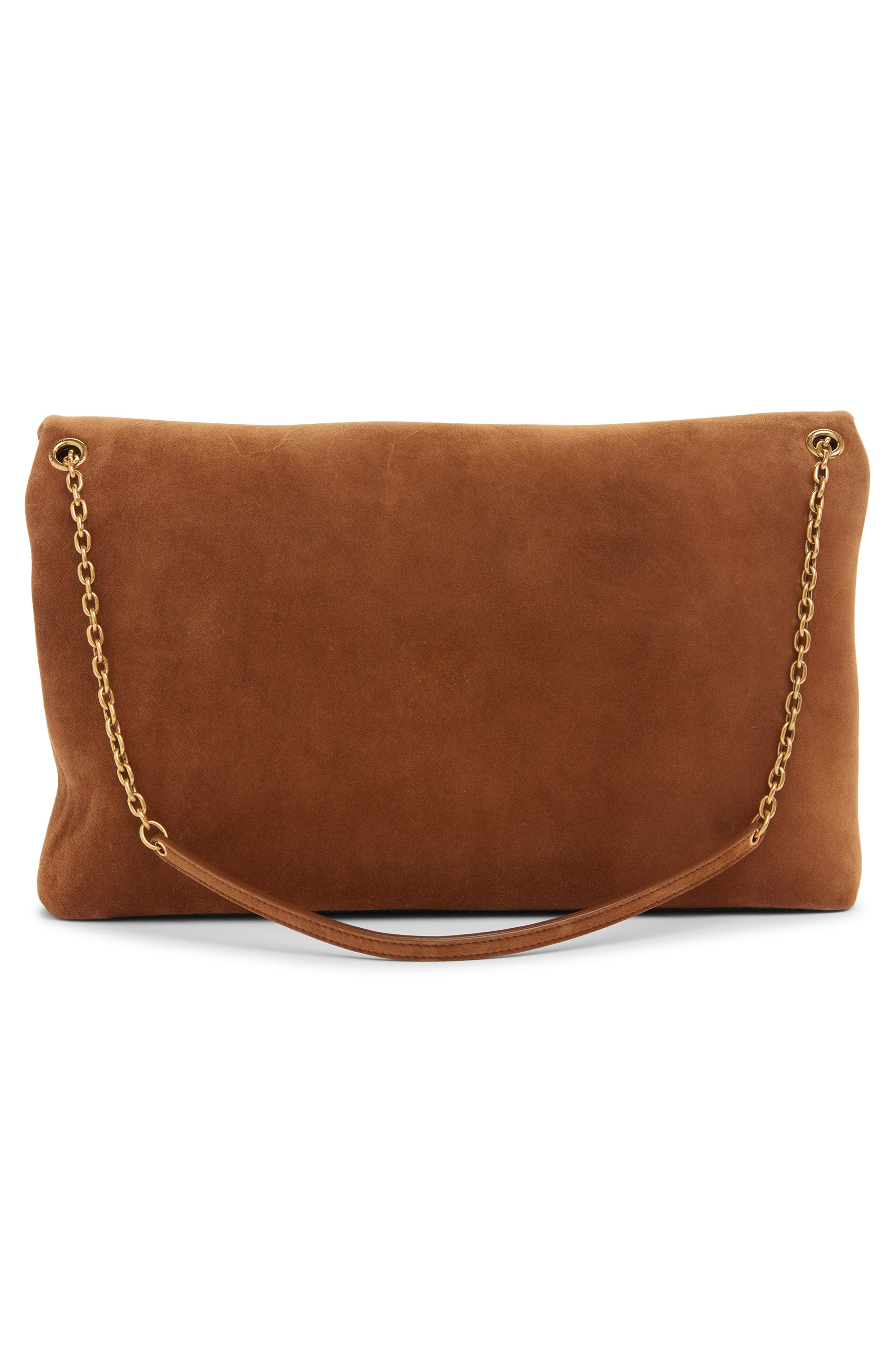 Saint Laurent Extra Large Cassandre Suede Pouch on a Chain, Alternate, color, Caramel Cognac