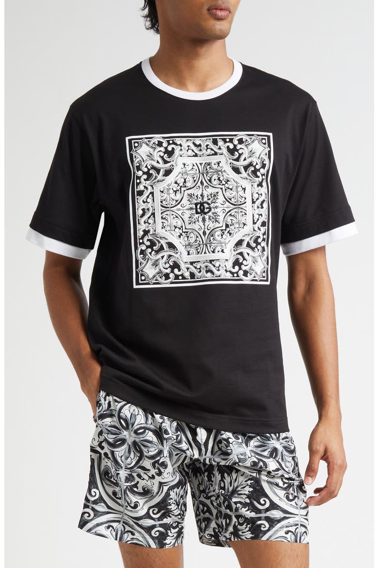 Majolica Embroidered Ringer T-Shirt, Main, color, NERO