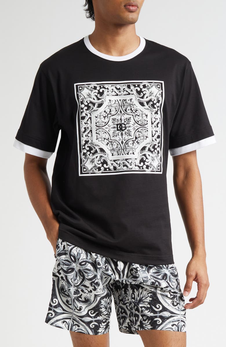 Dolce&Gabbana Majolica Embroidered Ringer T-Shirt, Main, color, Nero